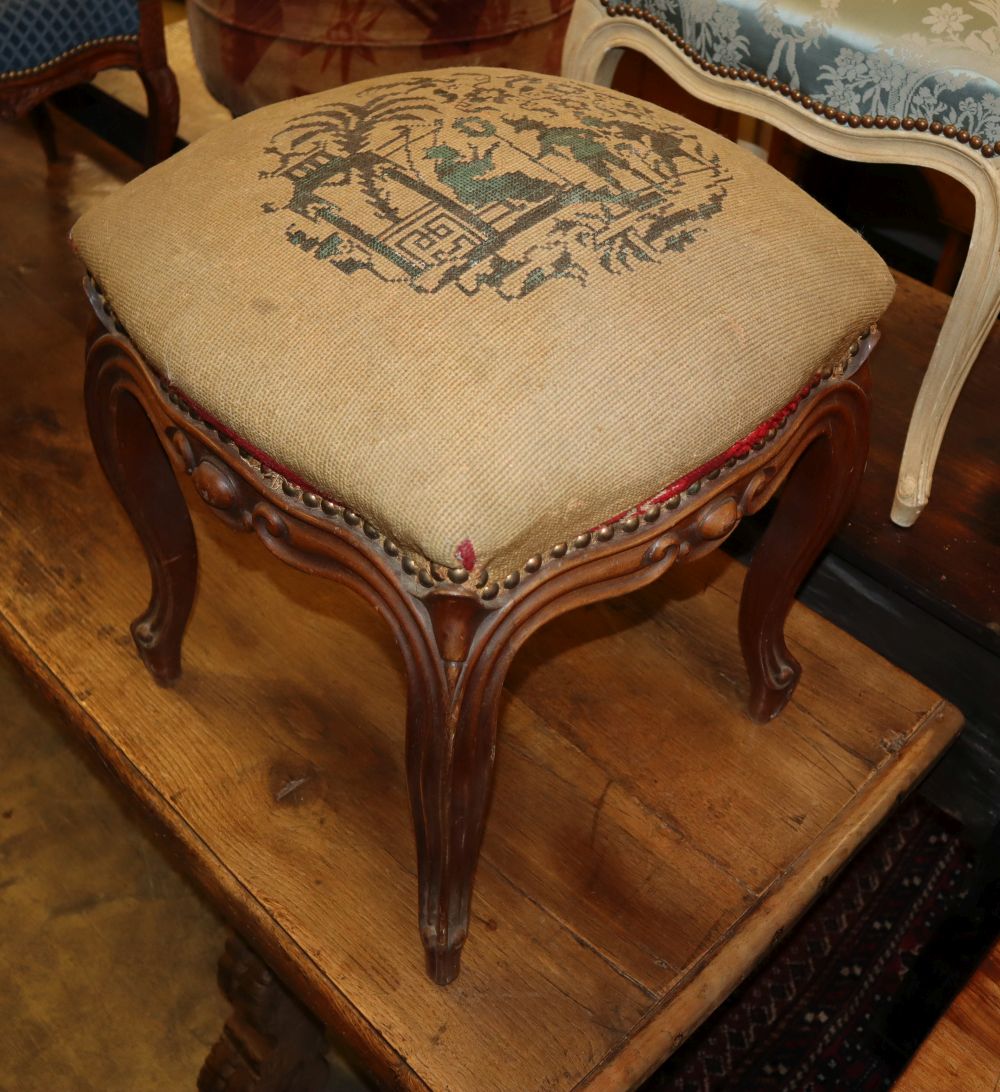 A pair of 19th century Louis XV style tapestry topped stools, W.48cm, D.48cm, H.46cm